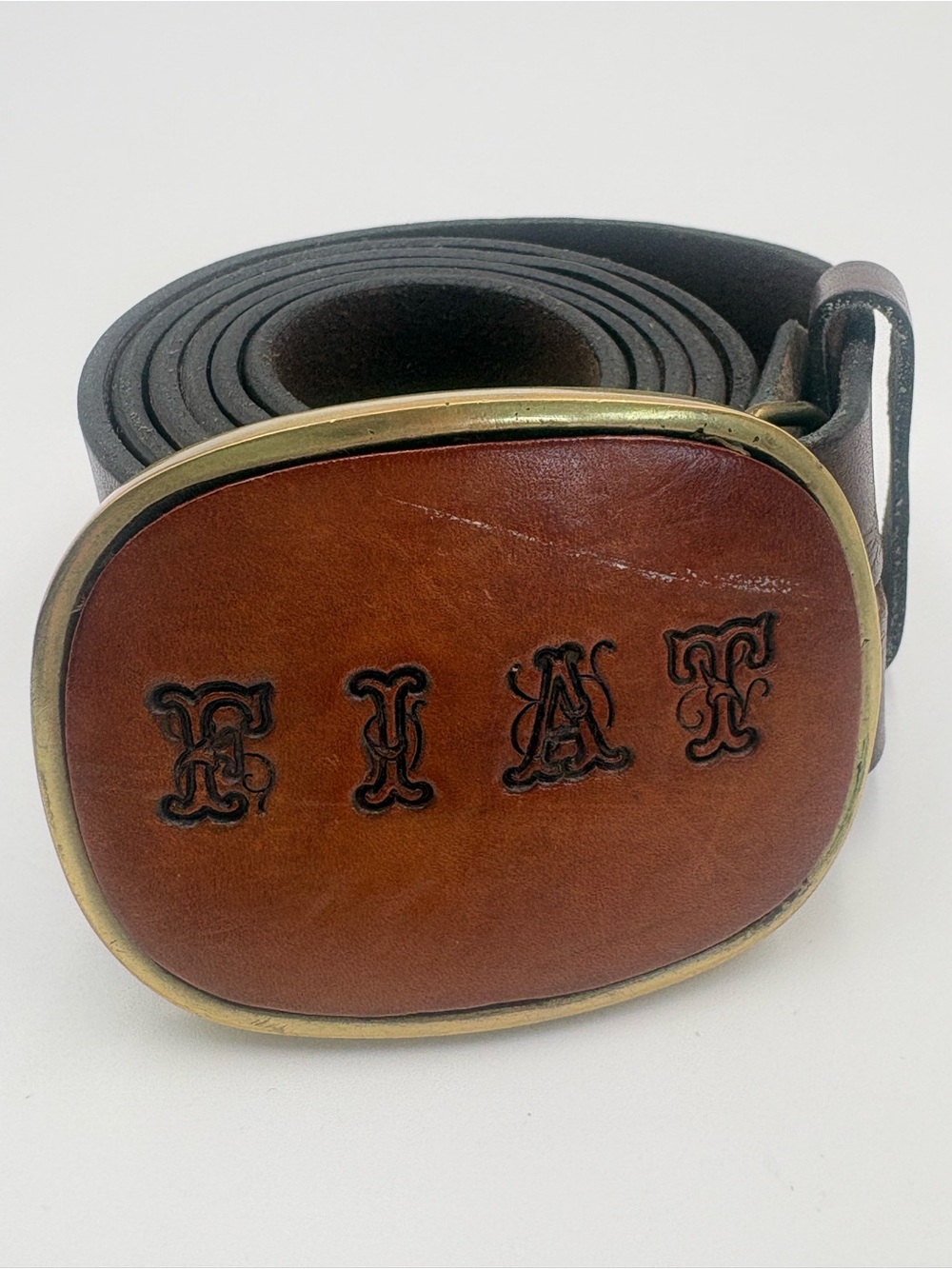 Vintage FIAT Solid Brass Buckle Genuine Cowhide Embossed Leather Belt Italy 74"